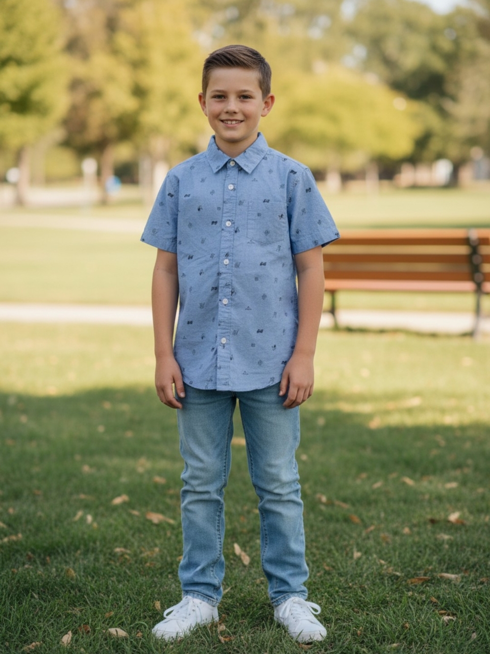 Tag Light Blue Short-Sleeve Button-Down Shirt with Print
